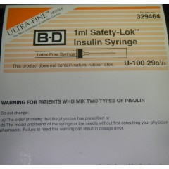 BD SAFETY-LOK™ SAFETY SYRINGES WITH NEEDLE - Syringe, 1mL Insulin, Permanently Attached 29G x ½" U-100 Ultra Fine™ Needle, 100/bx