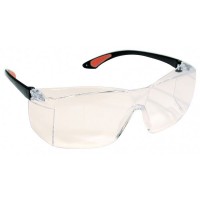 Defend Clear Protective Eyewear, one piece clear lens with black arms. 