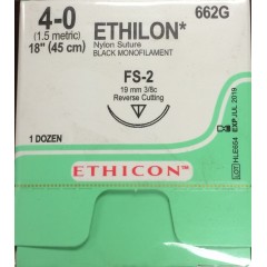 ETHICON ETHILON™ NYLON SUTURES - Suture, Reverse Cutting, Size 4-0, 18", Black Monofilament, Needle FS-2, 3/8 Circle