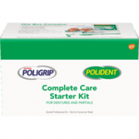 POLIDENT®  Complete Care Starter Kit includes Super Poligrip Free (0.3 oz. tube), Polident 3 Minute Denture Cleanser Tablets (6ct), Polident Denture Bath, Polident Denture Brush, and Product Information Card. 